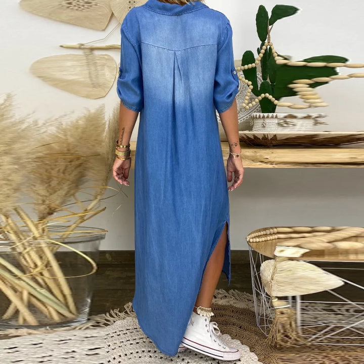 Lea™ | Long Denim-Look Dress with Side Slit
