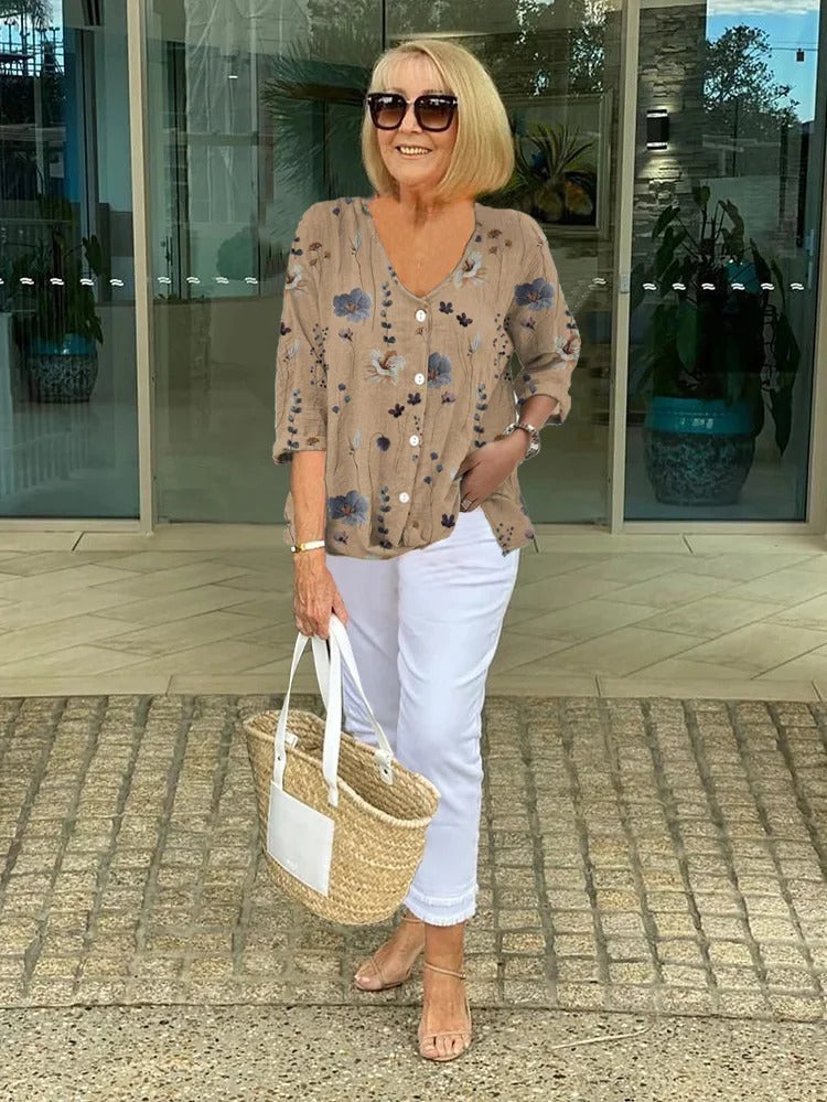 Teresa Elegant Floral Blouse With Button
