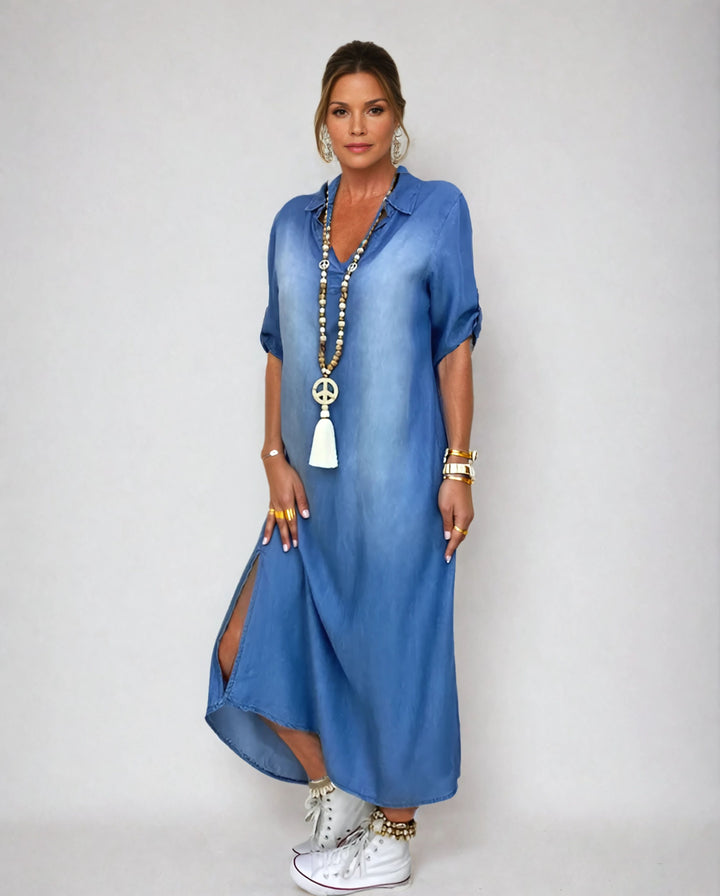 Lea™ | Long Denim-Look Dress with Side Slit