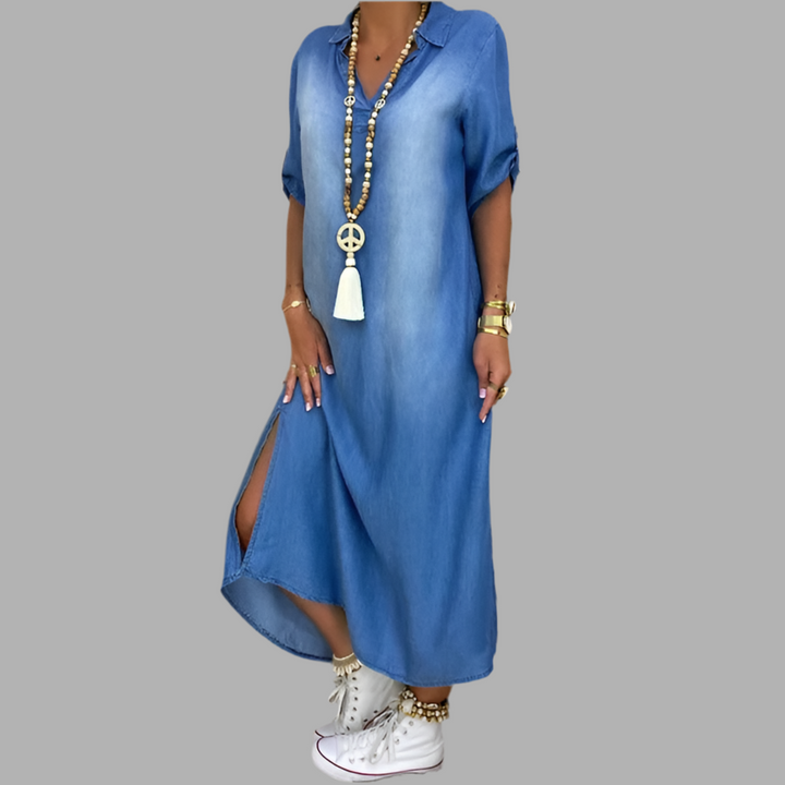 Lea™ | Long Denim-Look Dress with Side Slit