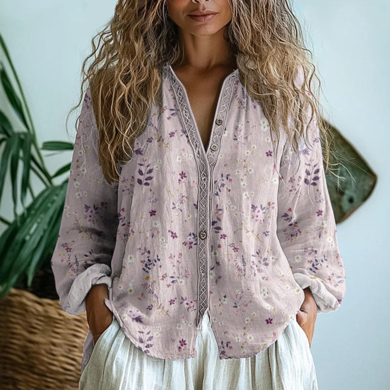 Isla | Floral Trim Button Blouse