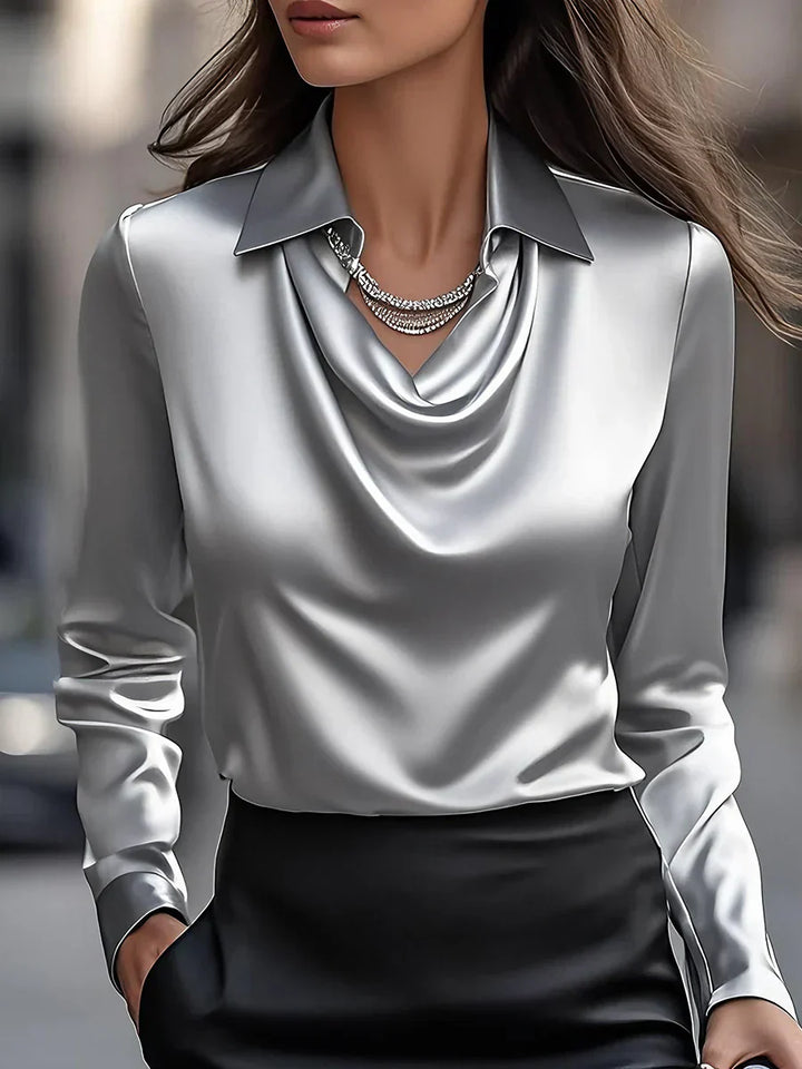 Elegant Satin Blouse With Draped Neckline