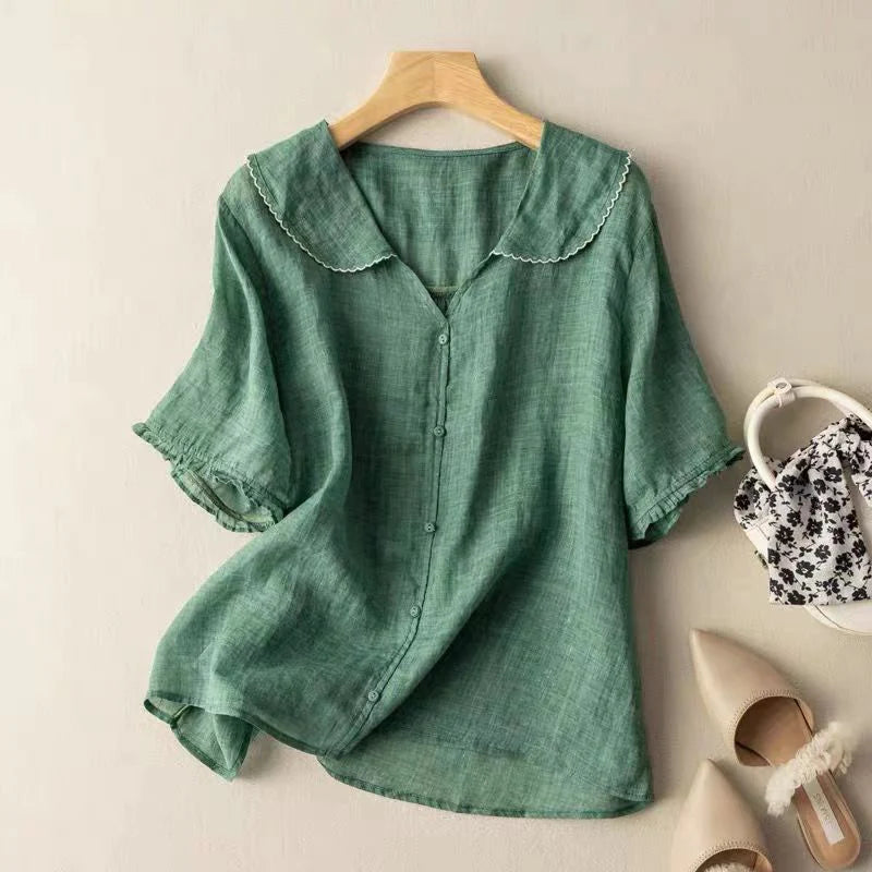 Sotiria Elegant Linen Short Sleeve Blouse