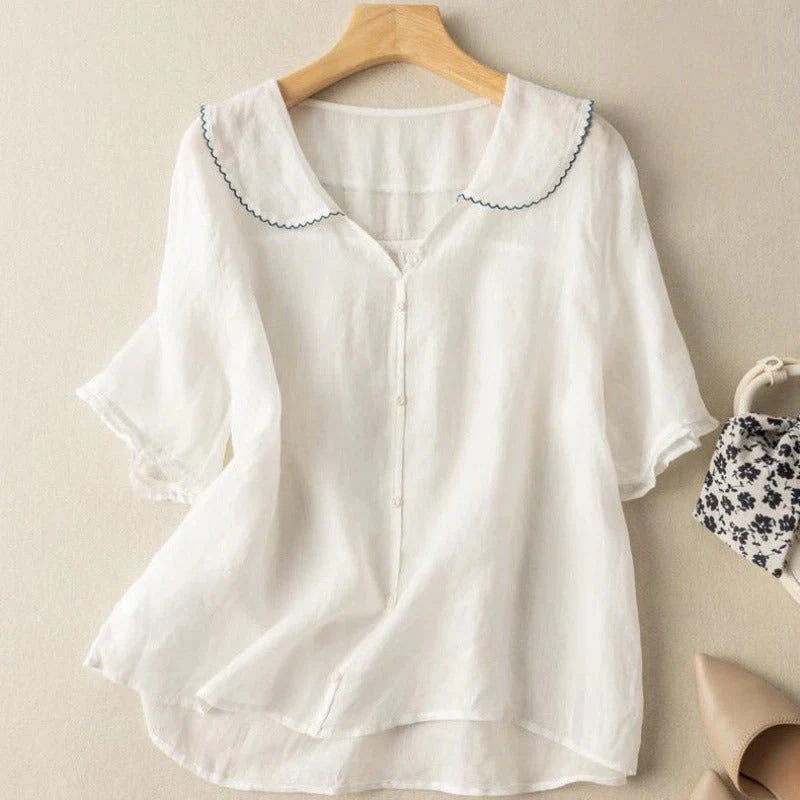 Sotiria Elegant Linen Short Sleeve Blouse