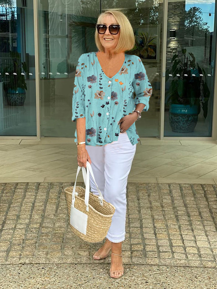 Teresa Elegant Floral Blouse With Button